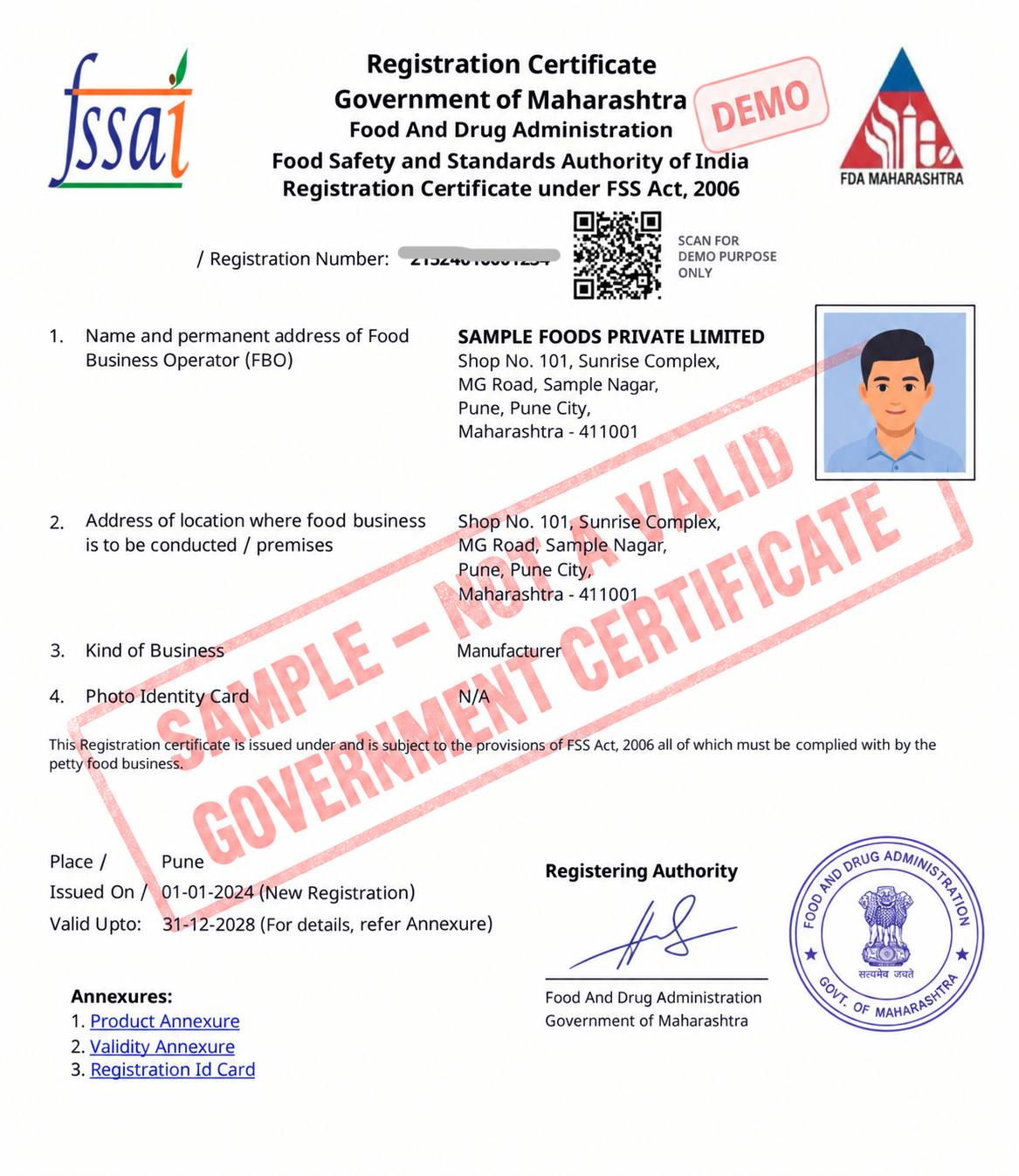 Sample FSSAI Registration Certificate issued under the Food Safety and Standards Act, 2006