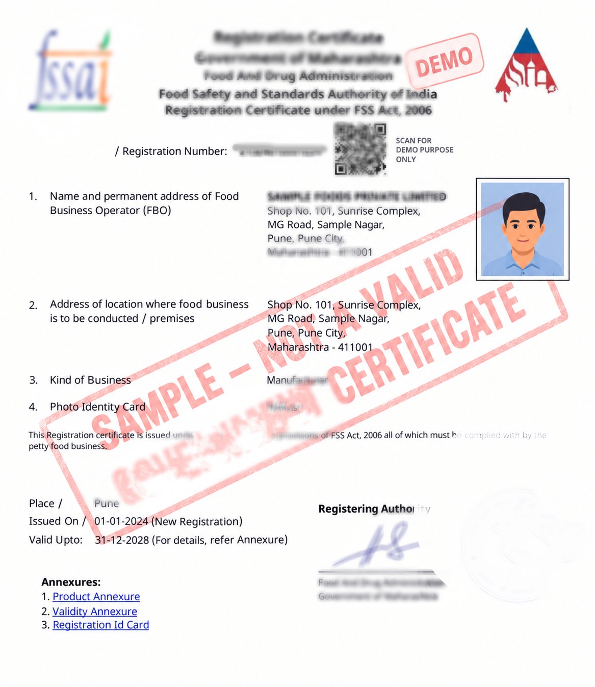 Sample FSSAI Registration Certificate issued under the Food Safety and Standards Act, 2006